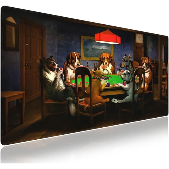 Large Gaming Mouse Pad (31.5" x 15.8") - Dogs Playing Poker Oil Painting Art Funny Cute Pets Joking Games Artwork, Extra XXL Extended Office Accessories, Premium Stitched Anti-Slip Desk Mat