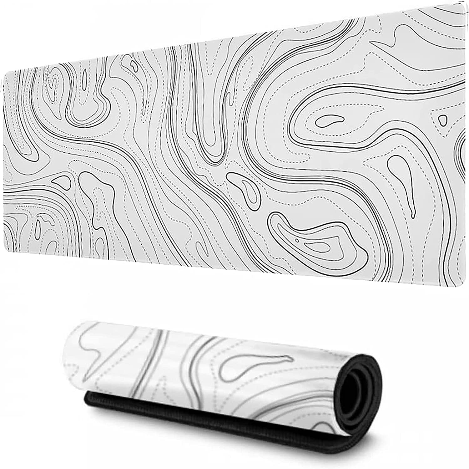 Large Gaming Mouse Pad 35.4 x 15.7 inches,White Topographic Design Extended Mousepad, Non-Slip Base, Water Resist Keyboard Pad, Desk Mat for Gamer, Office & Home