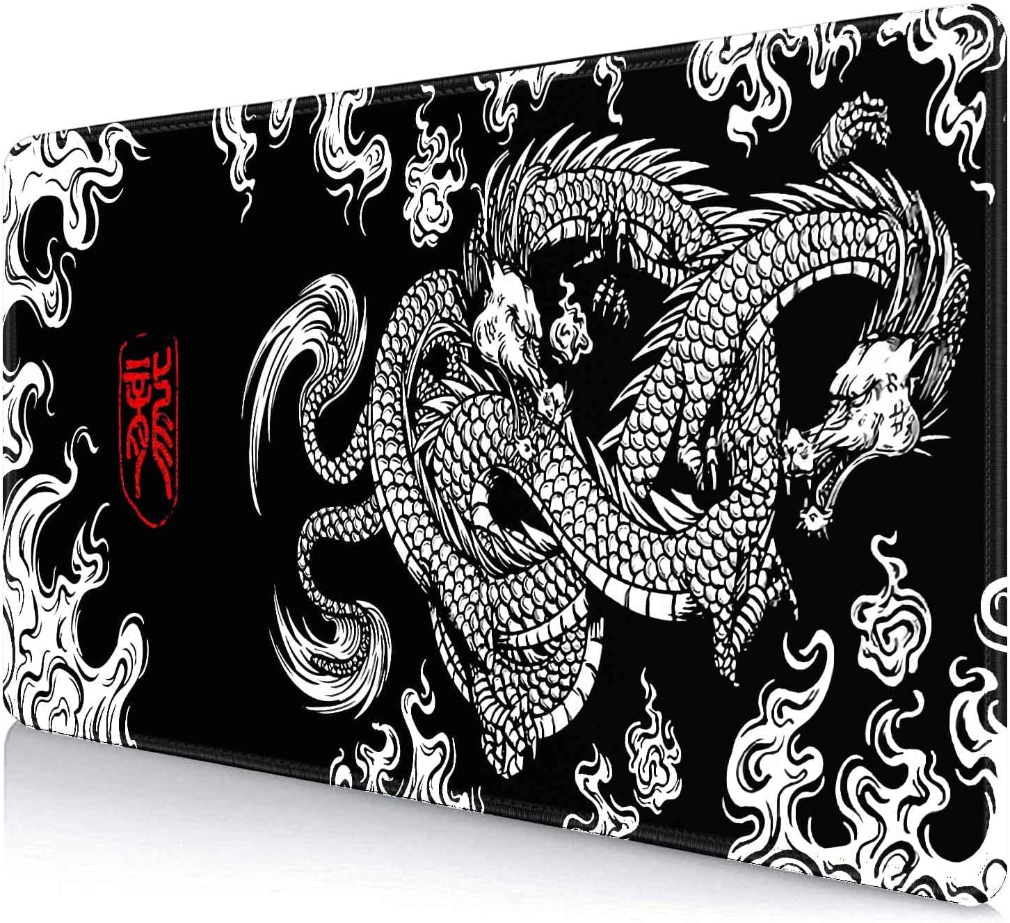 Large Gaming Mouse Pad (35.4x15.7 in), Big Extended Non-Slip Rubber Base Mousepad with Stitched Edges, Keyboard Mouse Mat Desk Pad for Work, Gamer, Office, Computer - Black and White Dragon