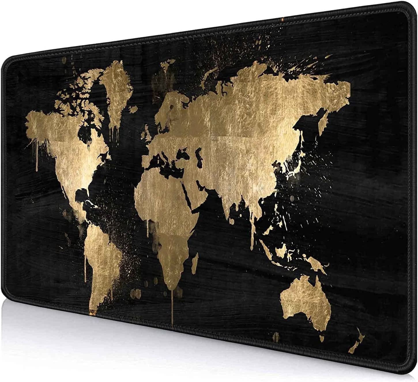 Large Gaming Mouse Pad (35.4x15.7 in),Extended Non-Slip Rubber Base Mousepad with Stitched Edges,Keyboard Mouse Mat Desk Pad for Work,Office,Home - Black and Gold World Map