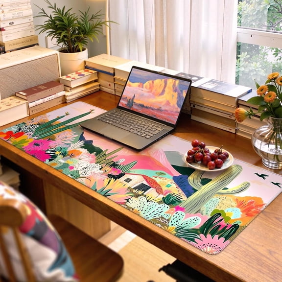 Large Gaming Mouse Pad (35"x16") - Waterproof Desk Mat with Non-Slip Rubber Base & Stitched Edges - Extended Keyboard Mousepad for Computer, PC, Office, Home Workspace (Cactus)