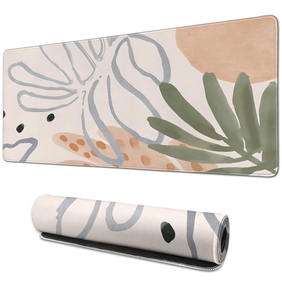 Large Gaming Mouse Pad with Abstract Art Design, Extended Desk Mousepad Waterproof Non-Slip Rubber Base Mouse Mat for Office Laptop, Modern Boho Leaves, 31.5 X 11.8 Inch