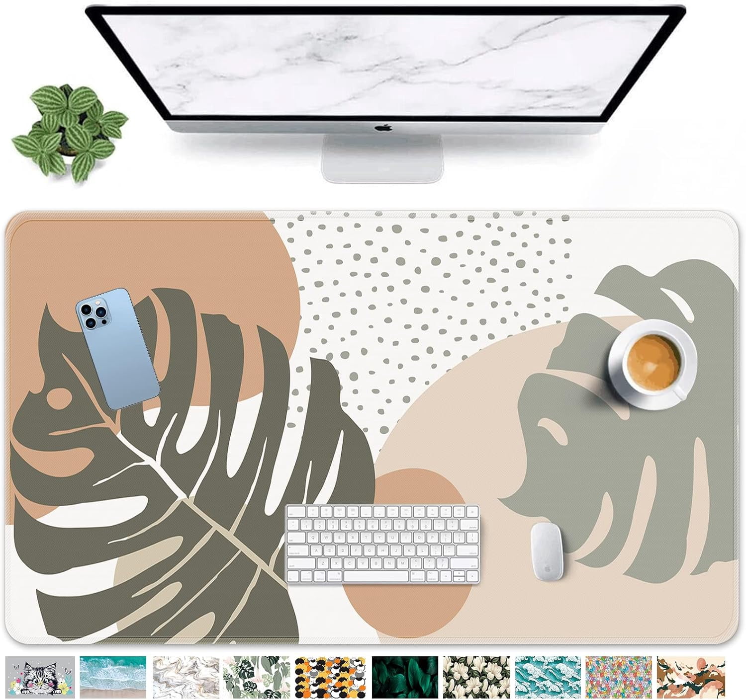 Large Gaming Mouse Pad Boho Style Big Leaves Non-Slip Desk Pad Keyboard and Mouse Desk Mat for Gamer, Office & Home, 31.5 x 15.7 in
