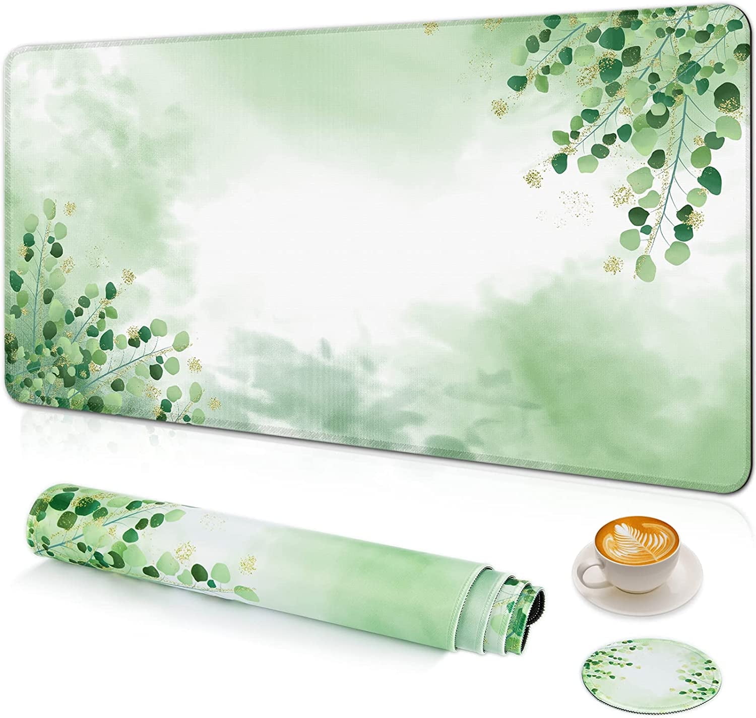 Large Gaming Mouse Pad with Coaster, Desk Mat, Desk Pad, Mouse Pads for Desk Protector, Stitched Edges Big Extended Mousepad for Computer Keyboard Laptop Office Decor, 31.5'' x15.6'' -Green Leaves