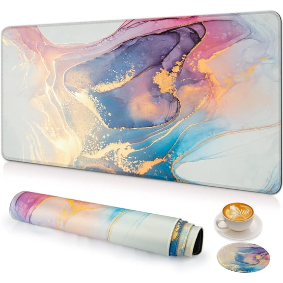 Large Gaming Mouse Pad with Coaster, Desk Mat, Desk Pad, Mouse Pads for Desk Protector, Stitched Edges Big Extended Mousepad for Computer Keyboard Laptop Office Decor, 31.5x15.6