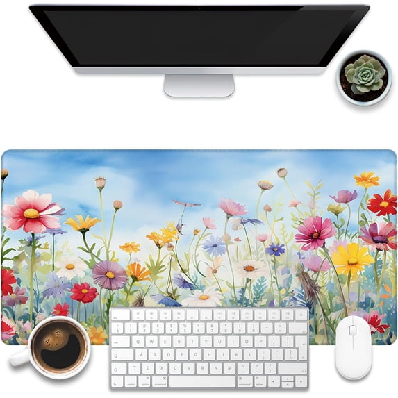 Large Gaming Mouse Pad, Colorful Wildflowers in Field Desk Mat, Watercolor Flowers Desk Pad, 31.5"x11.8" Extended Big Computer Keyboard Mouse Pad with Non-Slip Base and Stitched Edge