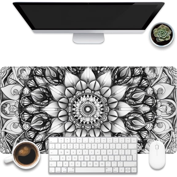 Large Gaming Mouse Pad for Desk, Black and White Mandala Desk Mat, Mandala Flower Desk Pad, 31.5"x11.8" Extended Big Computer Keyboard Mouse Pad with Non-Slip Base and Stitched Edge