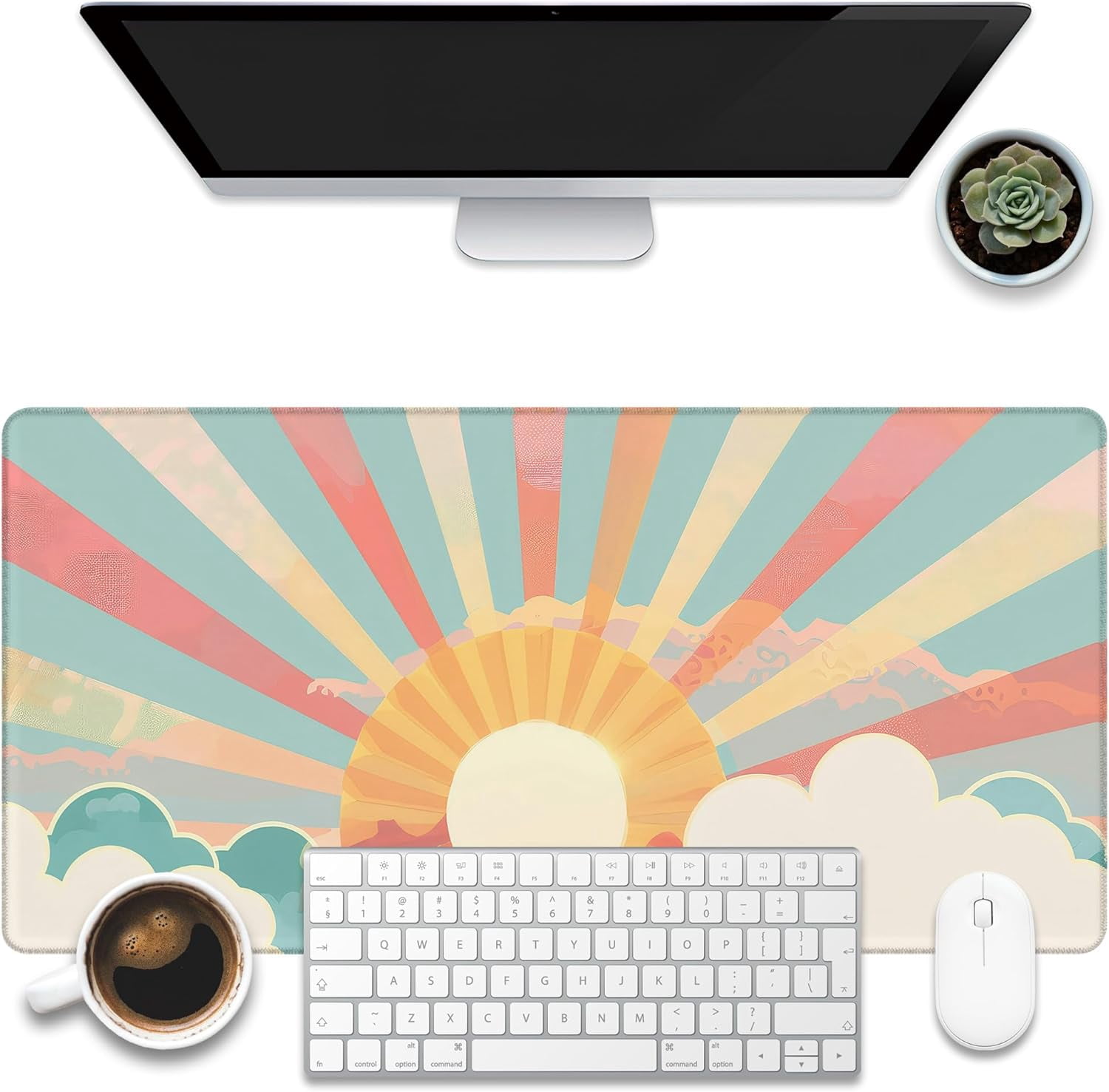 Large Gaming Mouse Pad for Desk, Boho Pastel Sun Desk Mat, Colorful Sunshine Desk Pad, 31.5"x11.8" Extended Big Computer Keyboard Mouse Pad with Non-Slip Base and Stitched Edge
