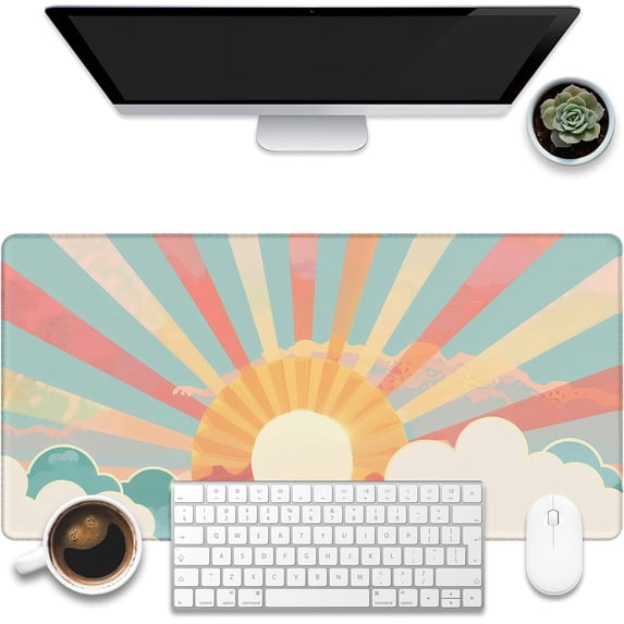 Large Gaming Mouse Pad for Desk, Boho Pastel Sun Desk Mat, Colorful Sunshine Desk Pad, 31.5"x11.8" Extended Big Computer Keyboard Mouse Pad with Non-Slip Base and Stitched Edge
