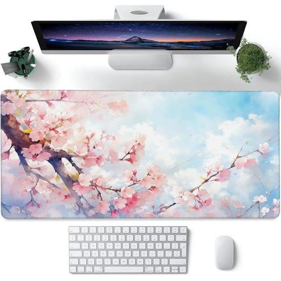 Large Gaming Mouse Pad for Desk,Cherry Blossom Tree Desk Mat for Desktop,Watercolor Floral Desk Pad, Extended Big Computer Keyboard Mouse Pad with Non-Slip Base Stitched Edges 35.4"x15.7"
