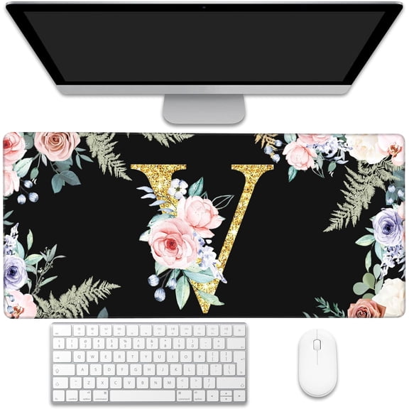 Large Gaming Mouse Pad for Desk, Flower Golden Letters V Desk Mat, 35.4"x15.7" Big Mouse Pad with Non-Slip Base and Stitched Edge, Long Computer Keyboard Mouse Mat for Home Office Work