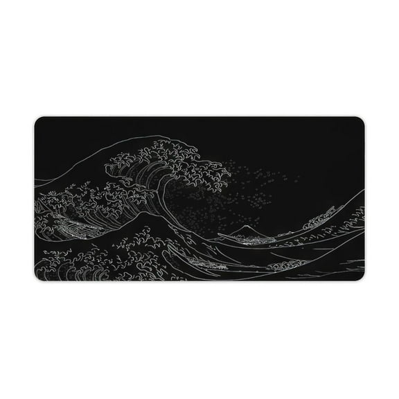 Large Gaming Mouse Pad for Desk, Japanese Sea Wave Computer Mat for Keyboard and Mouse with Non-Slip Rubber Base Black Long Mousepad Desk Mat for Gamer, Home and Office 23.6 x 11.8 in