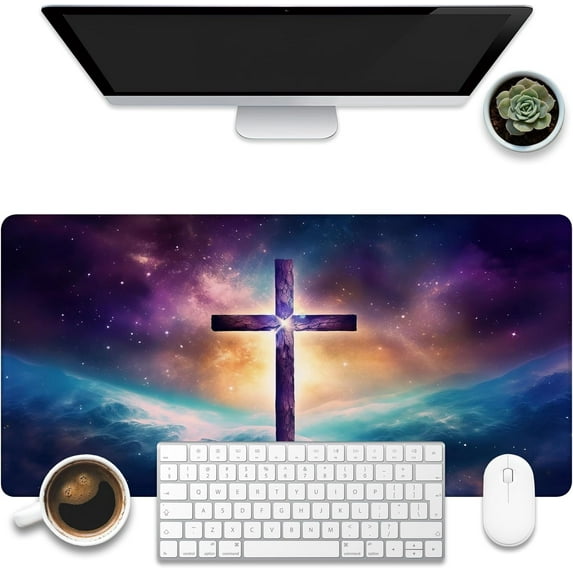 Large Gaming Mouse Pad for Desk, Jesus Cross Desk Mat, Abstract Galaxy Cosmic Desk Pad, 31.5"x15.7" Extended Big Computer Keyboard Mouse Pad with Non-Slip Base and Stitched Edge