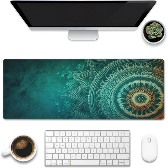 Large Gaming Mouse Pad for Desk,Retro Mandala Flower Desk Mat for Desktop,Mandala Floral Desk Pad, Extended Big Computer Keyboard Mouse Pad with Non-Slip Base and Stitched Edge 31.5"x11.8"