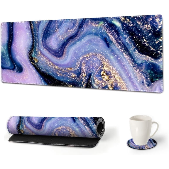 Large Gaming Mouse Pad Extended Desk Pad XL Keyboard Mat Long Mousepad Decor Writing Pad 31.5x11.8inch Non Slip Rubber Base with Stitched Edges for Work, Game -Purple Marble