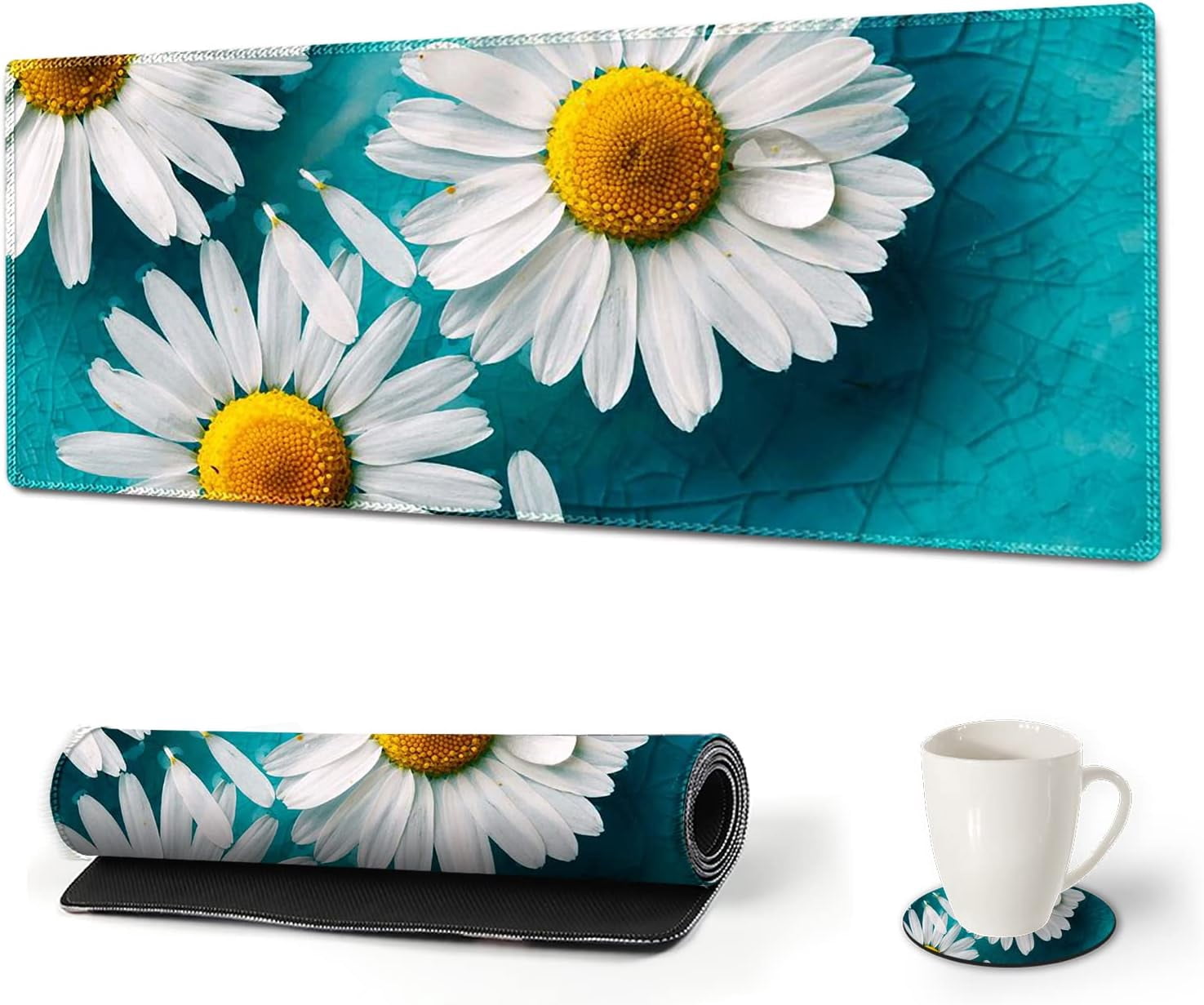 Large Gaming Mouse Pad Extended Desk Pad XL Keyboard Mat Long Mousepad Decor Writing Pad 31.5x11.8inch Non Slip Rubber Base with Stitched Edges for Work, Game -Cute Daisy
