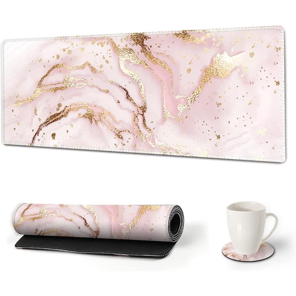 Large Gaming Mouse Pad Extended Desk Pad XL Keyboard Mat Long Mousepad Decor Writing Pad 31.5x11.8inch Non Slip Rubber Base with Stitched Edges for Work, Game -Pink Marble