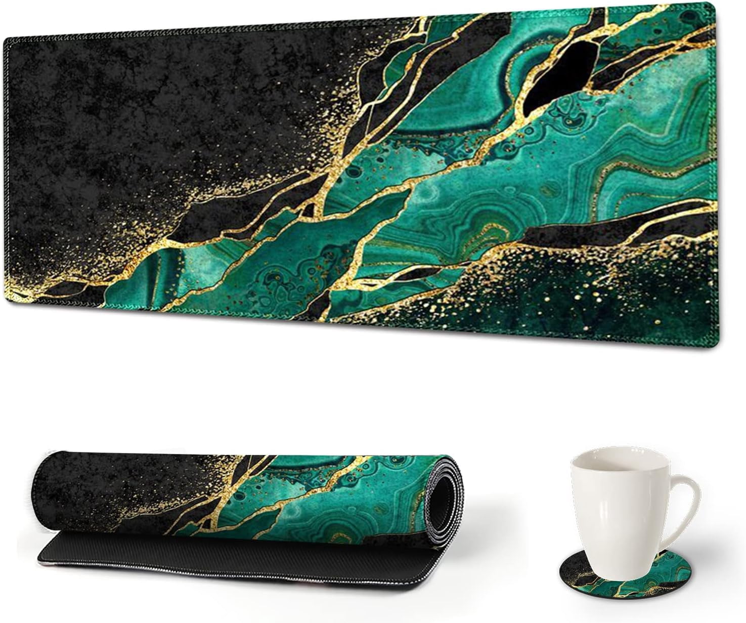 Large Gaming Mouse Pad Extended Desk Pad XL Keyboard Mat Long Mousepad Decor Writing Pad 31.5x11.8inch Non Slip Rubber Base with Stitched Edges for Work, Game -Emerald Marble