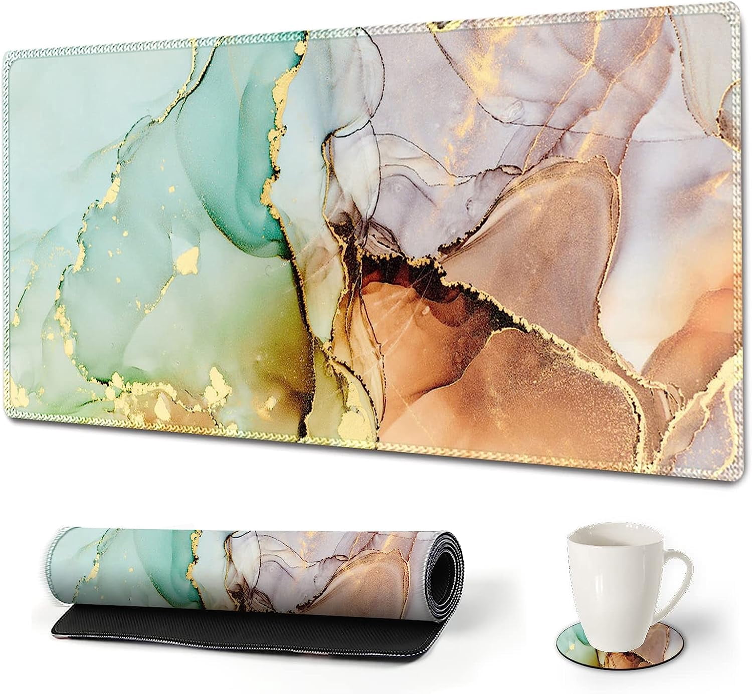 Large Gaming Mouse Pad Extended Desk Pad XL Keyboard Mat Long Mousepad Decor Writing Pad 31.5x15.7inch Non Slip Rubber Base with Stitched Edges for Work, Game -Abstract Art Marble