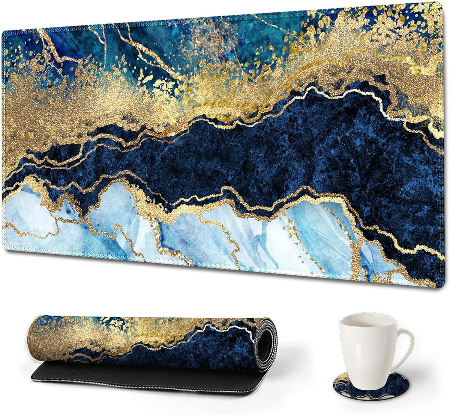 Large Gaming Mouse Pad Extended Desk Pad XL Keyboard Mat Long Mousepad Decor Writing Pad 31.5x15.7inch Non Slip Rubber Base with Stitched Edges for Work, Game -Blue Marble