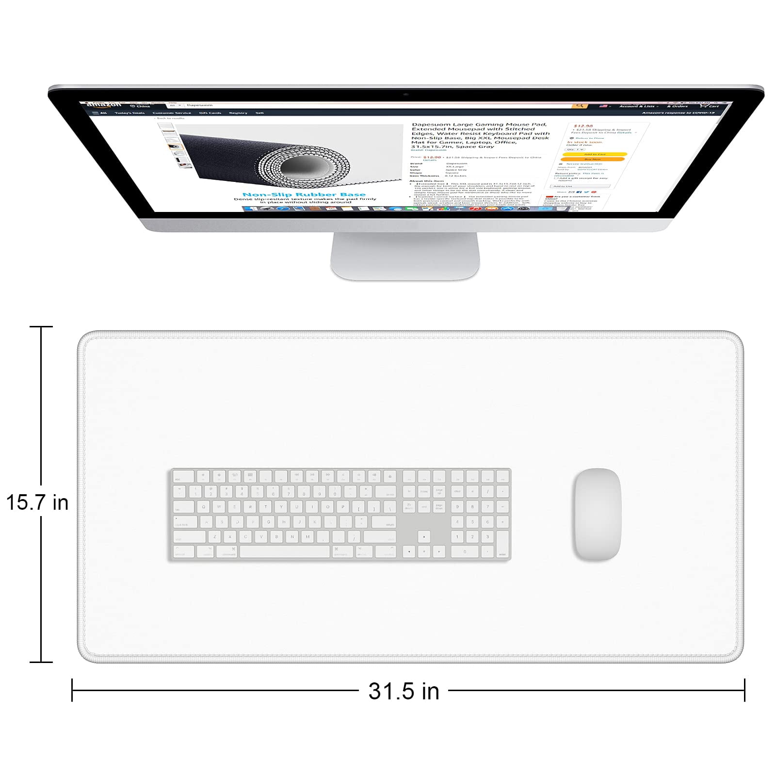 Large Gaming Mouse Pad  Extended Mat With Stitched Edges Full Size Non-slip Base Big Xxl Computer Desk Mats For Gamer Laptop Office 31.5 X 15.7in White