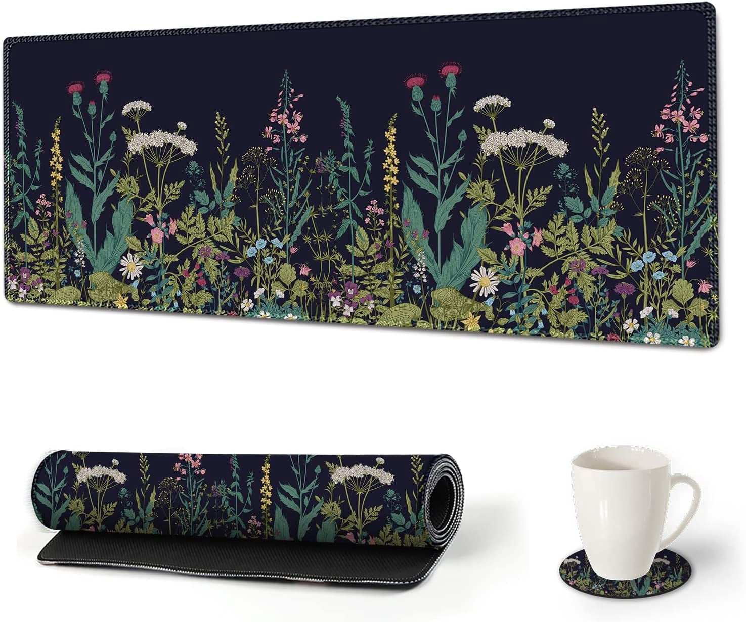 Large Gaming Mouse Pad Extended Mouse Pad with Stitched Edge, Keyboard Mouse Mat Non-Slip Rubber Base Desk Pad 31.5x11.8 inch for Office Home Game Work, Flowers Plants