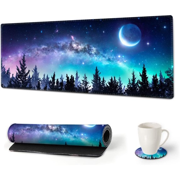 Large Gaming Mouse Pad Extended Mouse Pad with Stitched Edge, Keyboard Mouse Mat Non-Slip Rubber Base Desk Pad 31.5x11.8 inch for Office Home Game Work, Forest Moon Sky