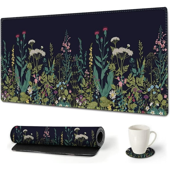 Large Gaming Mouse Pad, Extended Mouse Pad with Stitched Edge, XL Keyboard Mouse Mat Non-Slip Rubber Base Desk Pad 31.5x15.7inch for Office Home Game Work -Flowers Plants