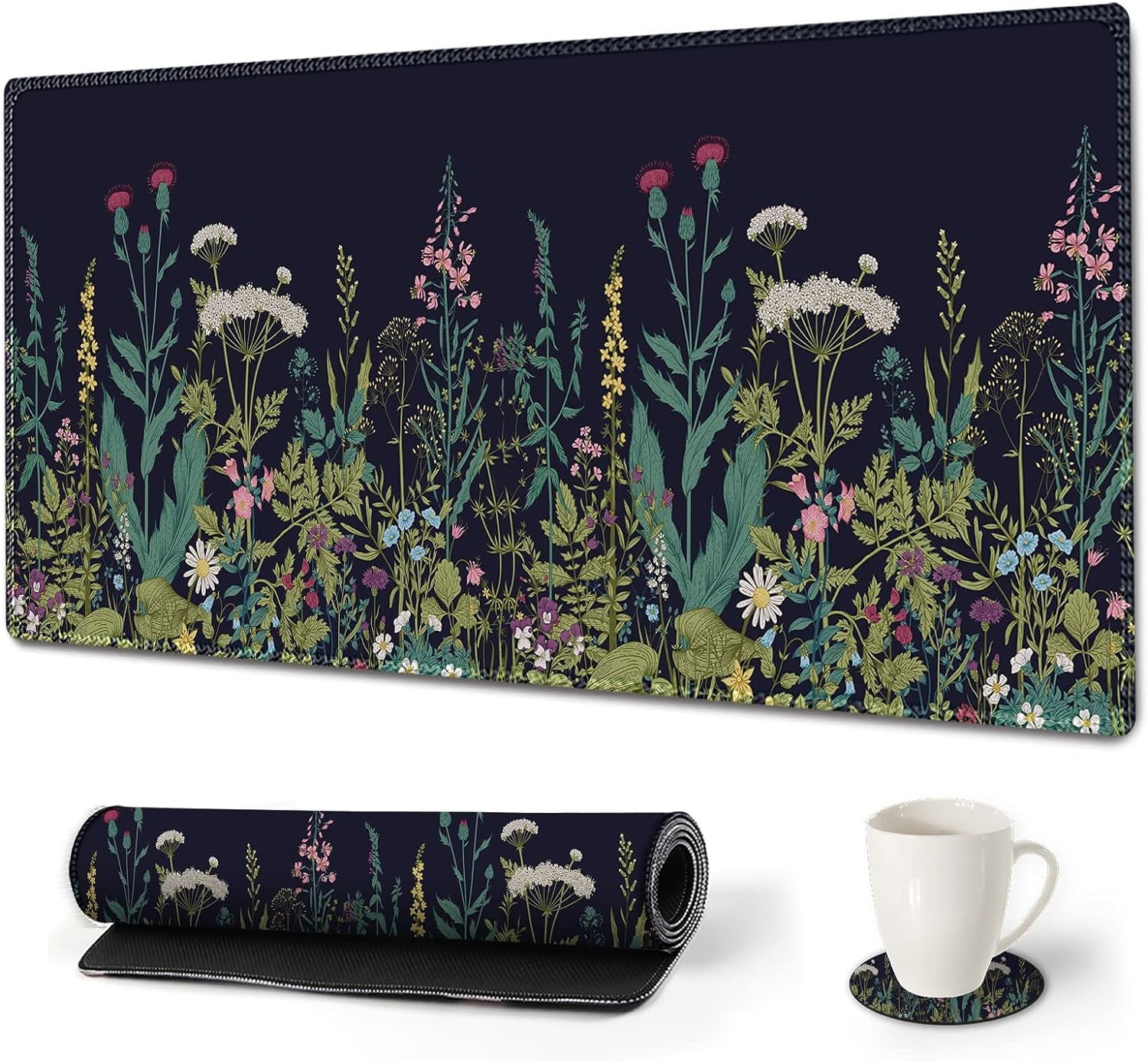 Large Gaming Mouse Pad, Extended Mouse Pad with Stitched Edge, XL Keyboard Mouse Mat Non-Slip Rubber Base Desk Pad 31.5x15.7inch for Office Home Game Work -Flowers Plants