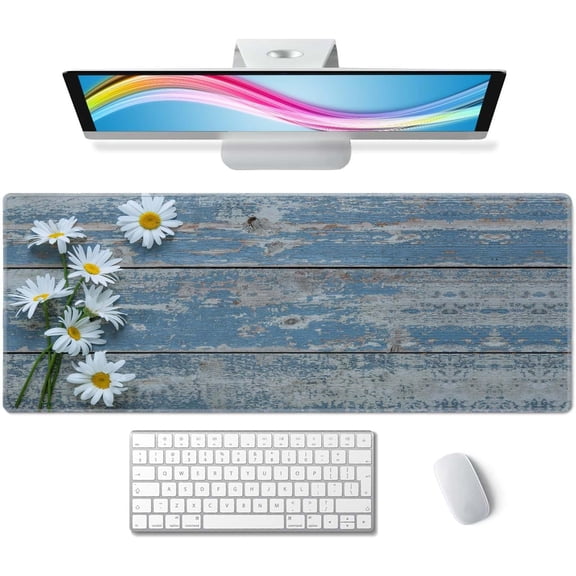 Large Gaming Mouse Pad, Extended XL Mousepad, Non-Slip Rubber Base Keyboard Mouse Mat Desk Pad for Work, Game, Office, Home, 31.5 x 11.8 in, Daisy Flowers on Old Wooden