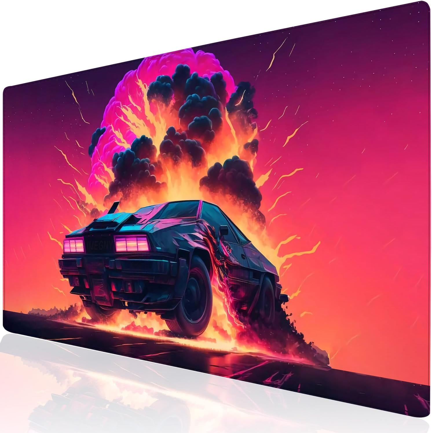 Large Gaming Mouse Pad, Extended XXL Desk Pad & Non-Slip Rubber Mat for Mice and Keyboard with Stitched Edges (90x40 retrowavecar013)