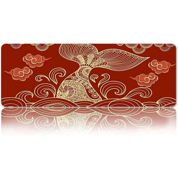 Large Gaming Mouse Pad Gold Fishtail, 31.5 x 11.8 Mousepad with Rubber Base for Office Computer, Auspicious Cloud Wave Non-Slip Waterproof Keyboard Pad, Desk Mat for Laptop Home Decor Mat BDZXSE030