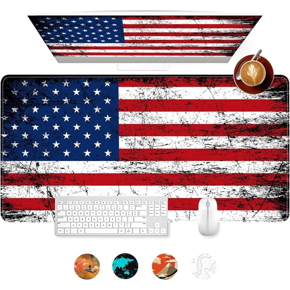Large Gaming Mouse Pad, Grunge USA Flag Desk Mat with Seamed Edges, Big XXL Waterproof Desk Pad, Non-Slip Rubber Base, 31.5x15.7 Inch Keyboard Pad Computer Mousepad