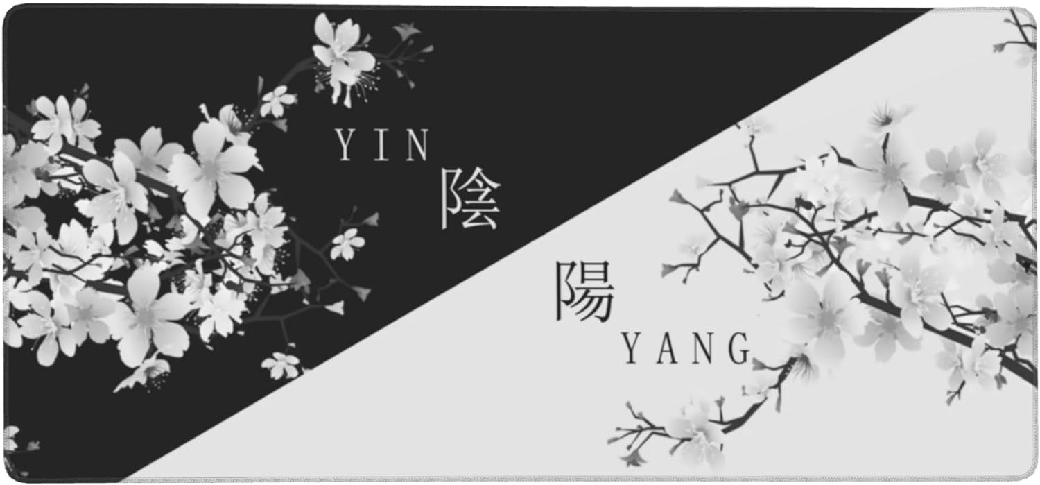 Large Gaming Mouse Pad Japanese Black White Cherry Blossom Mouse Pad with Stitched Edges & Nonslip Rubber Base Extended XXL Long Mousepad Big Desk Mat for Company Office Work, 35.4 x 15.7 in