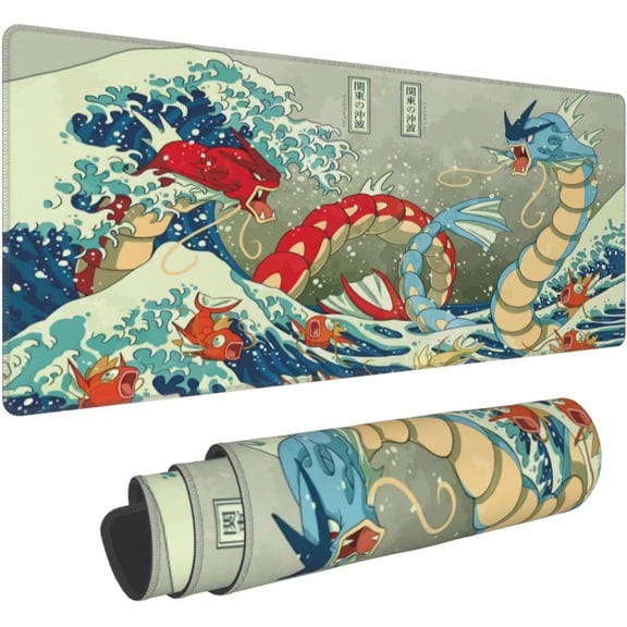 Large Gaming Mouse Pad,Japanese Ukiyoe Anime Dragon Mousepad,Stitched Edges,Non-Slip Rubber Base,Long Extended Desk Mouse Mat(31.5"x12")