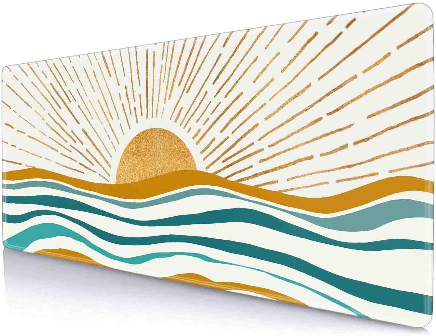 Large Gaming Mouse Pad, Keyboard Mouse Mat,Non-Slip Rubber Base Mousepad with Stitched Edges, Waterproof Keyboard Mouse Mat Desk Pad for Work, Laptop, 31.5 X 11.8 Inch, Gold Sun and Teal Ocean Waves