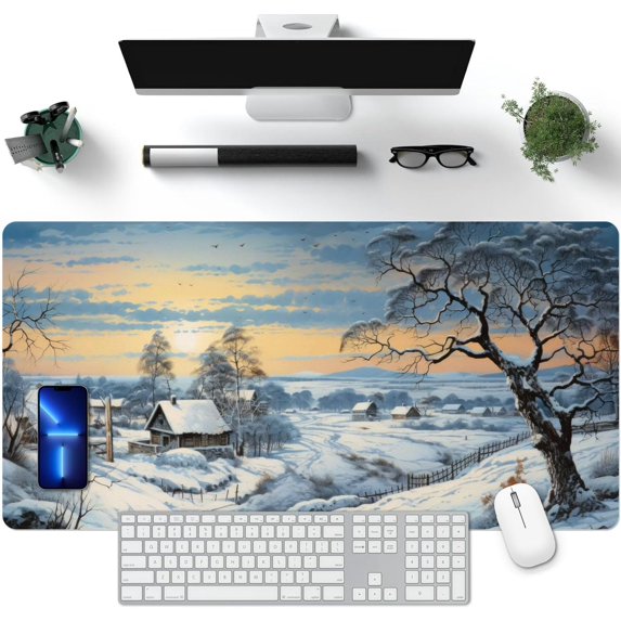 Large Gaming Mouse Pad, Landscape Painting Desk Pad, Laptop PU Mouse Pad, Waterproof Anti-Slip Desk Pad, Home Decoration Office Accessories (31.5x15.7in,Winter Snow)