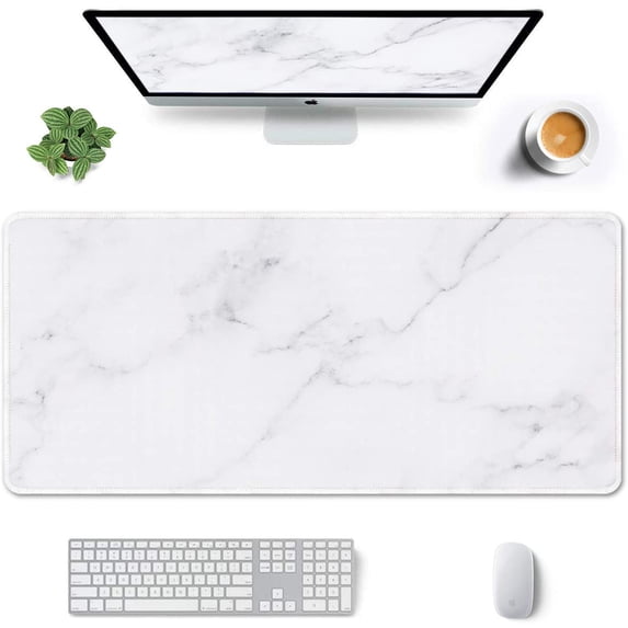 Large Gaming Mouse Pad, Marble Theme XXL 35.4 x 15.7 in Desk Pad Stitched Non-Slip Rubber Long Computer Mousepad Thin Extended Full Size Desk Mat for Desktop, Laptop, Wireless Mice, White