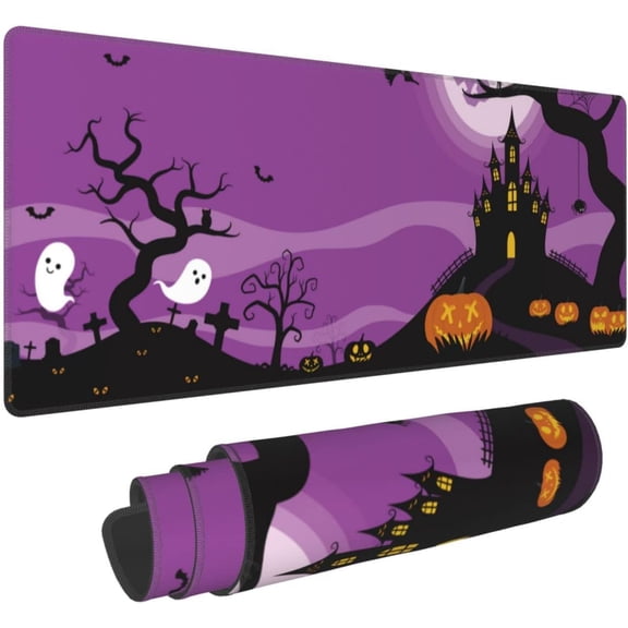 Large Gaming Mouse Pad with Non-Slip, Extended XL Computer Mat for Desk, Cute Funny Big Long Full Desk Pad for Keyboard and Mouse, Halloween Pumpkins and Dark Castle Mousepad Purple 31.5 * 11.8 Inch