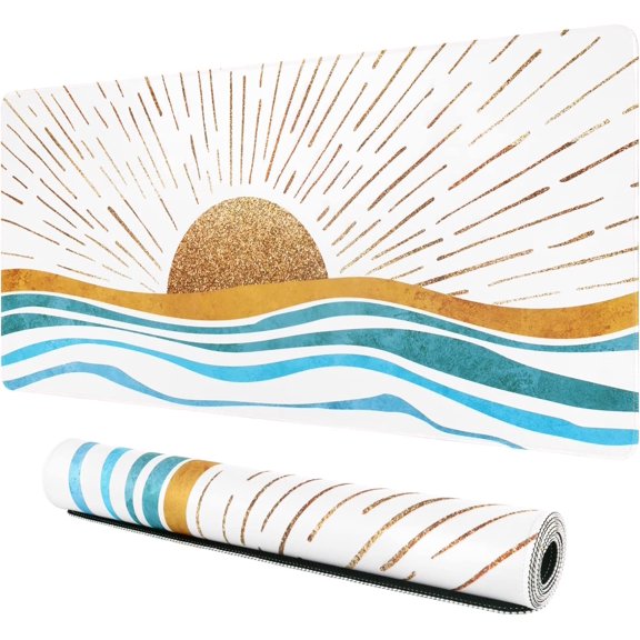 Large Gaming Mouse Pad, Non-Slip Rubber Base Water-Resistant Mousepad Desk Mat for Computer Keyboard, 35.4" x 15.75" Extended Desk Pad with Stitched Edges for Office Gaming, Golden Sun & Sea