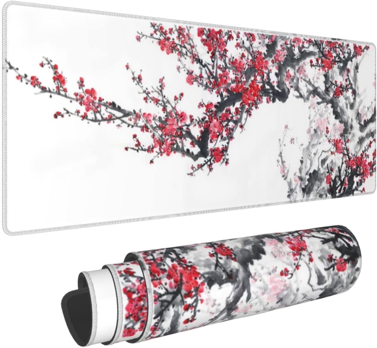 Large Gaming Mouse Pad, Plum Blossom XL Mousepad, Stitched Non-Slip Extended Keyboard Mats for Desk, Big Long Computer Loptop Pads Gifts for Women, (Red White, 31.5 * 11.8 in)