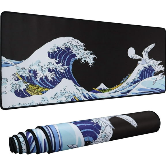 Large Gaming Mouse Pad, Sea Wave Full Desk Japanese Mousepad, Extended Non-Slip Water-Resistant Rubber Base Big Keyboard Mat, 31.5x11.8 Inch 3mm Thick XL,XXL Rubber Table Mat for Gaming and Office