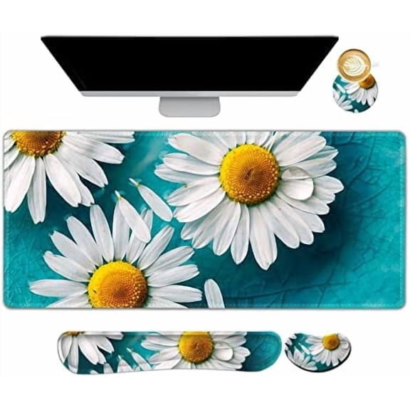 Large Gaming Mouse Pad Set, Keyboard Wrist Rest Support + Mouse Wrist Cushion + Extended Mousepad + Coaster, 35x15.5in Multifunctional Desk Mat 4pcs, Cute Daisy