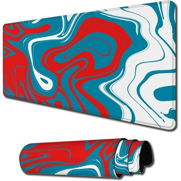 Large Gaming Mouse Pad with Stitched Edges, Minimalist Topographic Map Desk Mat, Extended Mousepad with Anti-Slip Base, Cool Desk Pad for Keyboard and Mouse, 31.5 x 11.8 in, Red Blue Liquify Color