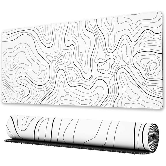 Large Gaming Mouse Pad with Stitched Edges, Minimalist Topographic Map Desk Mat, Extended XL Mousepad with Anti-Slip Base, Cool Desk Pad for Keyboard and Mouse, 31.5 x 11.8 in, White