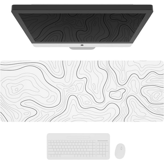 Large Gaming Mouse Pad with Stitched Edges, Minimalist Topographic Map Desk Mat, Extended XL Mousepad with Anti-Slip Base, Cool Desk Pad for Keyboard and Mouse, 35.4 x 15.7 in, White
