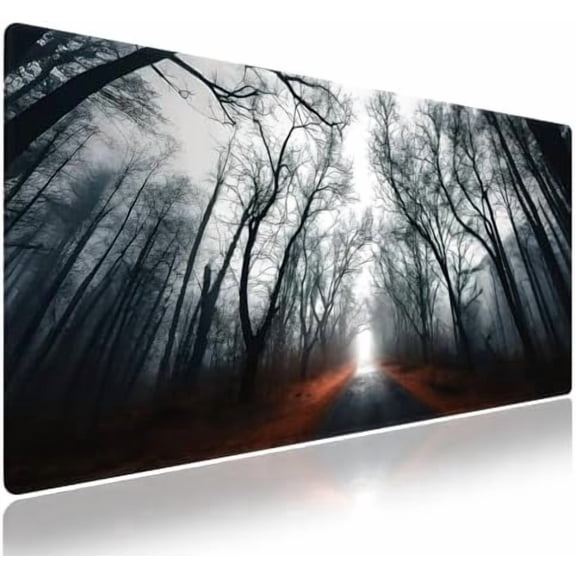. Large Gaming Mouse Pad with Stitched Edges, Spooky Tree-Lined Path in a Foggy Forest Mystic Autumn, Anti-Slip Rubber Base & Smooth Fabric Surface XXL Extended Desk Mat