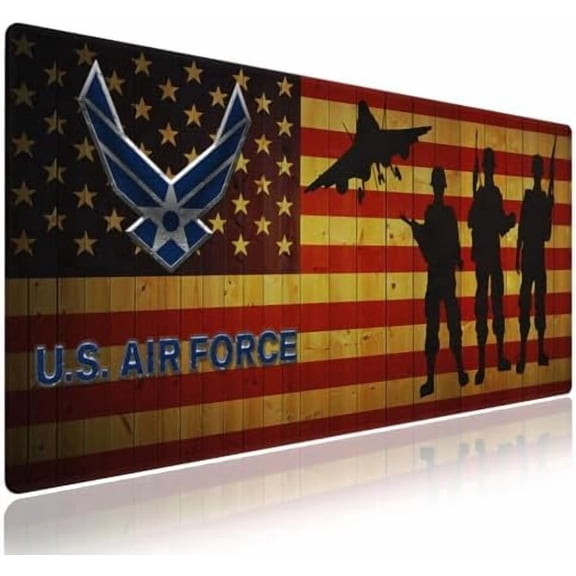 . Large Gaming Mouse Pad with Stitched Edges, US Air Force Design Patriotic Silhouettes of Fighter Jets and Soldiers Vintage American Flag Wood Grain, Anti-Slip Waterproof XXL Extended Desk Mat