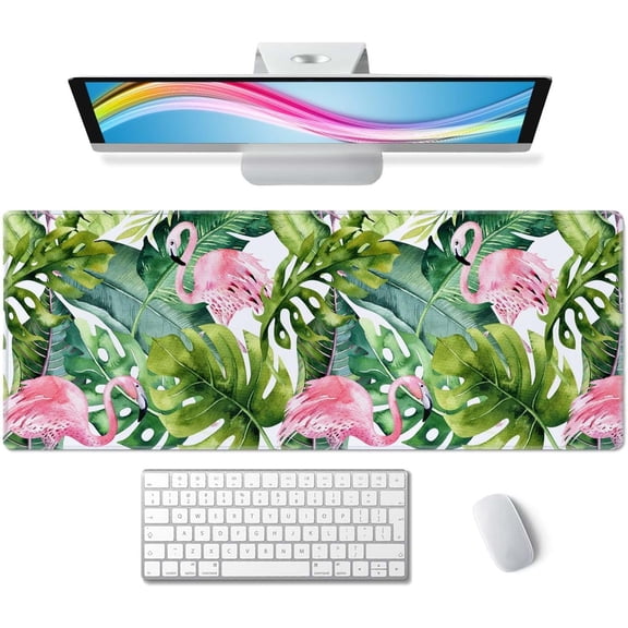 Large Gaming Mouse Pad with Stitched Edges, Watercolor Tropical Palm Tree with Flamingo Desk Mat Extended Keyboard Pad, Non-Slip Rubber Base Desk Pad for Keyboard and Mouse, 31.5X11.8 inch