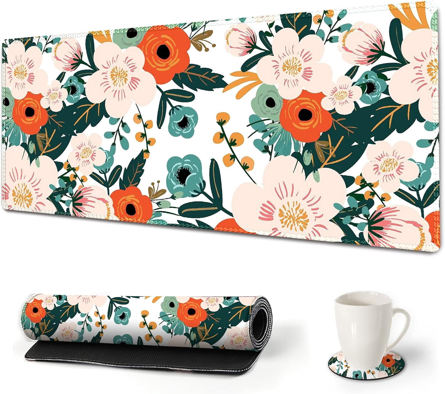 Large Gaming Mouse Pad with Stitched Edges, XXL Extended Keyboard Mat Long Mousepad Desk Decor Writing Pad 35.1x15.7 in, Non-Slip Base for Work, Game, Office, Home, Flower